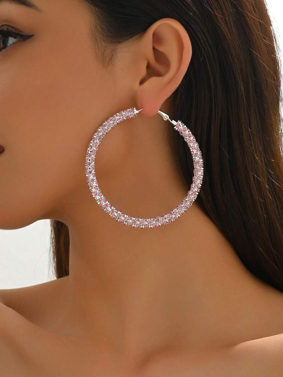 1 Pair Handmade Luxury Rhinestone Wrapped Earrings, Suitable For Daily Wear And Parties - Pink - 6cm - View 1