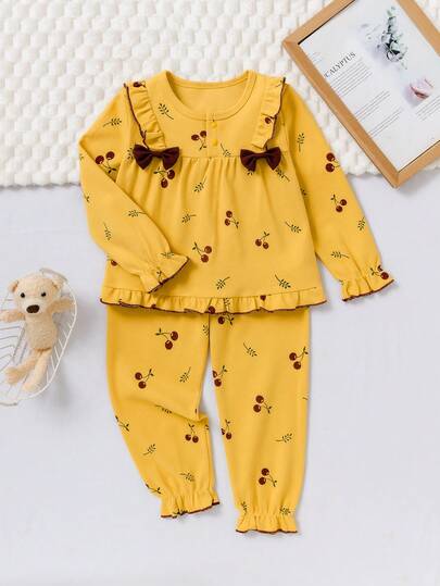 2件套少女樱桃图案长袖T恤和裤子套装