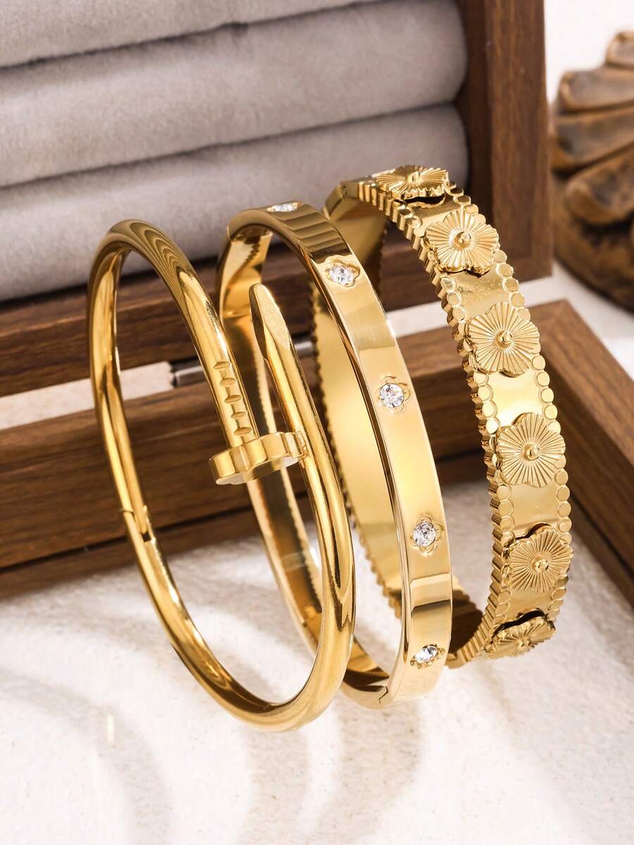 3件套18K镀金不锈钢花卉手链,镶嵌立方氧化锆,防水,欧式风格女士腕饰,休闲、婚礼、派对、情人节礼物、送给妈妈的礼物、母亲节礼物 - 五葉草款式 - 查看 1