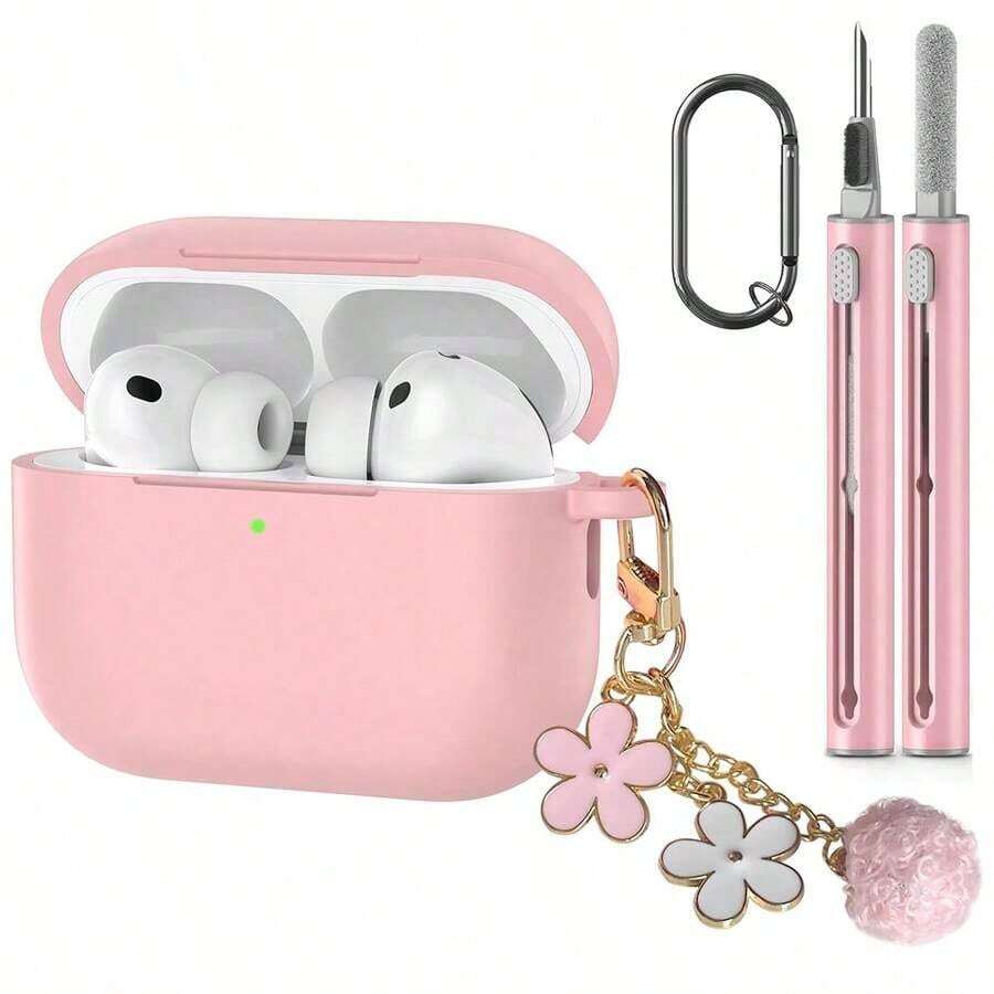1 Set Apple Protective Case, Silicone Solid Color Integrated Earphone Cover With Flower Hanging Chain, Carabiner And Cleaning Brush, Suitable As Gift - 粉色 - 查看 1