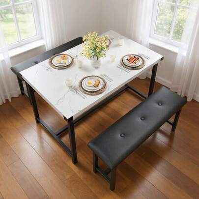 3-Piece Dining Table Set For 4, With Wood Table & 2 Upholstered Benches, Space-Saving Metal Frame Kitchen Table Set For Small Spaces, Apartments, Dining Room, Living Room