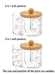 Mini Pink Bow Pattern 2-In-1 Bamboo Lid Plastic Storage Box, Desktop Cosmetic Organizer With Dual Round Holes, Suitable For Makeup Brushes, Makeup Tool Bag, Cosmetic Storage Box, Vanity Accessories, Makeup Bag, Women's Gift (Mini Size) - Multicolor - View 7