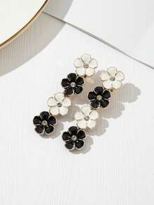 2 piezas Pinzas para el cabello con pequeñas flores y cristales de estilo minimalista y versátil, adecuadas para uso diario, pasadores, accesorios, verano, vacaciones, viajes - Blanco y Negro - Ver 4