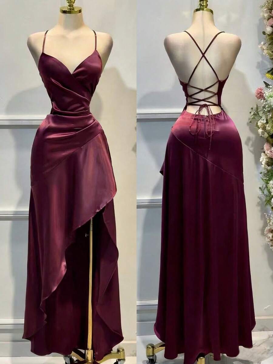Đầm nữ thanh lịch với dây đeo mảnh, thiết kế bất đối xứng, bèo nhún, hở lưng, thắt eo, xẻ tà, phù hợp cho tiệc chiêu đãi, liên hoan, đám cưới, phù dâu, mùa xuân. - Màu Đỏ Sâu - Xem 1