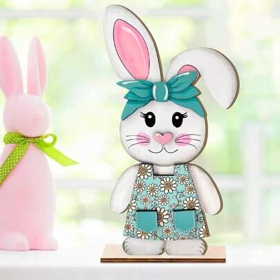 1pc 2D Flat Wooden Printed Easter Bunny Wooden Sign, Cute Bow Tie Bunny Tabletop Sign Party Decor, Suitable For Home, Satisfies 11 Holiday Uses, No Electricity Required