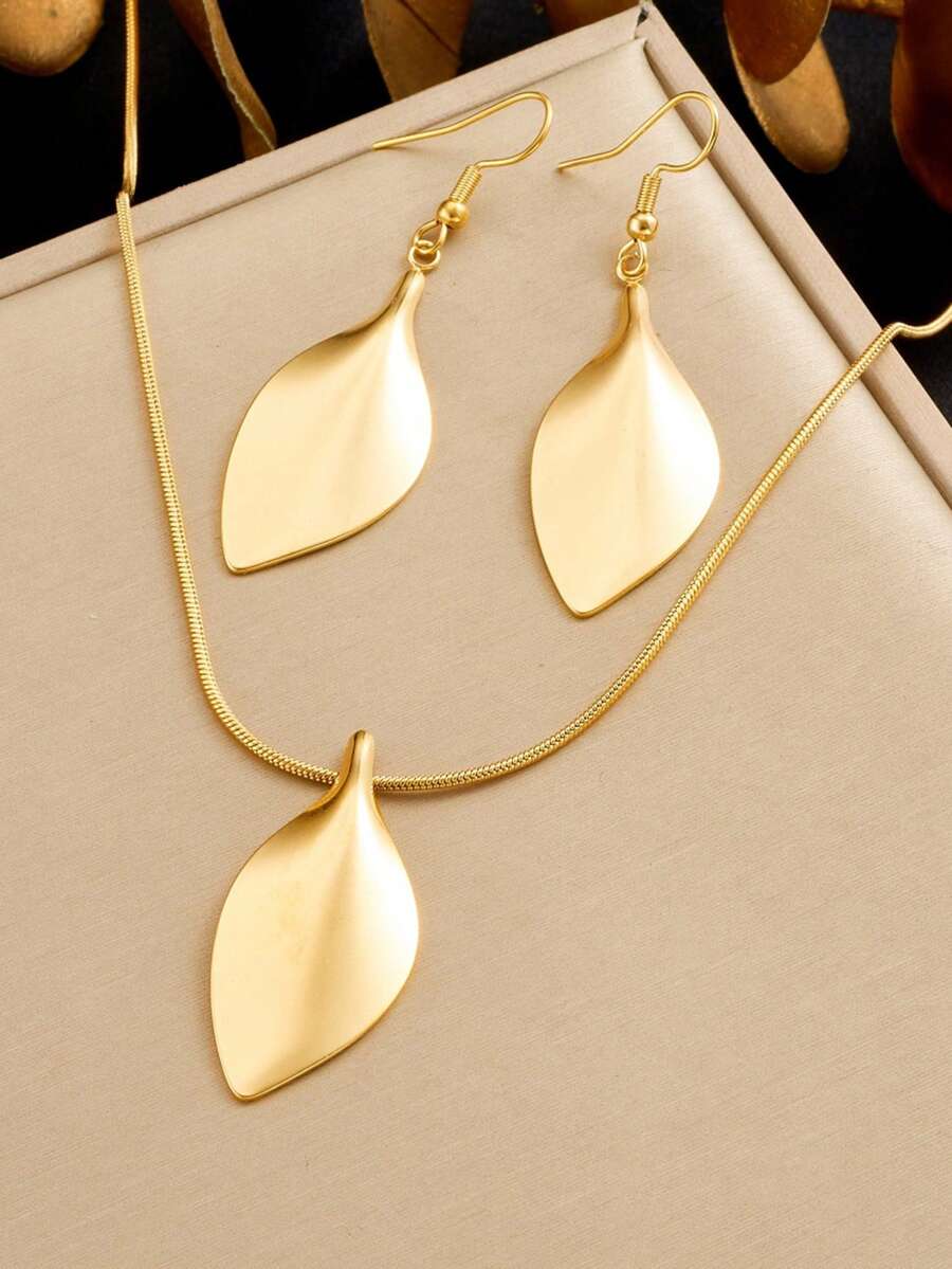 Bộ trang sức mặt dây chuyền hình lá mạ vàng đơn giản, chất liệu thép không gỉ, 1 chiếc. - Vàng - Xem 1
