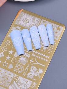 1pc Denim Texture Nail Art Stamping Plate, Flower Heart Pattern Y2K Style Gold Printing Template Nail Art Accessory Tools Nail Salon Nail Supply - Gold - View 5