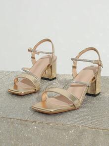 Square Toe Thick High Heel Strap Sandals With Rhinestone Decor, Elegant And Graceful, Suitable For Banquets, Parties And Daily Wear, Fashion Versatile Wide-Fit Women's Sandals,Travel Essentials For Summer - Gold - View 5