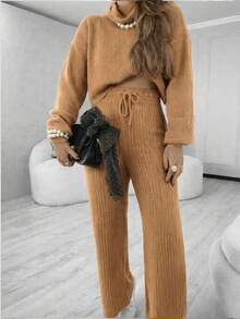Women's Knit Set With Turtleneck Blouse & Pants - Mocha Brown - View 1