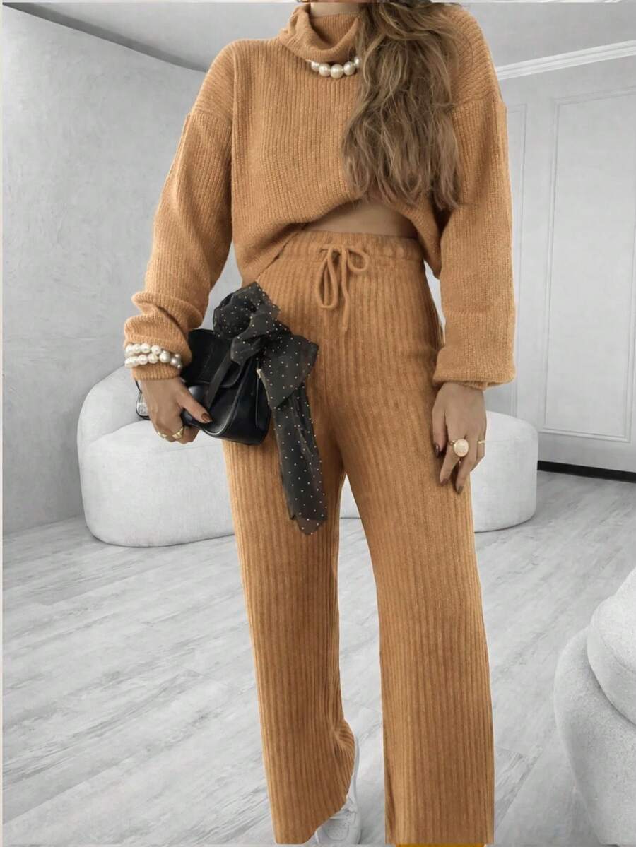 Women's Knit Set With Turtleneck Blouse & Pants - Mocha Brown - View 1