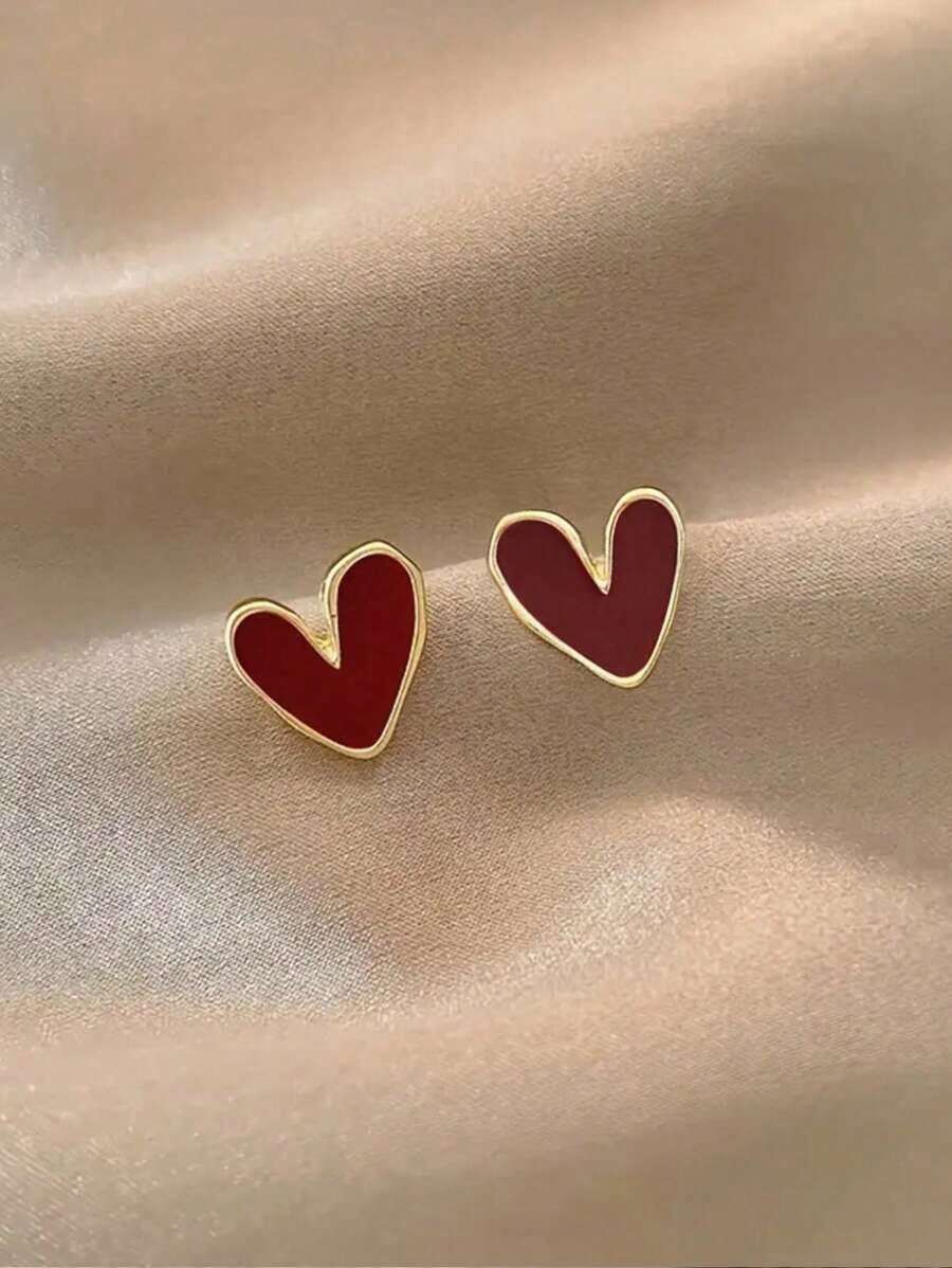 1 par de pendientes minimalistas asimétricos con forma de corazón, estilo vintage chic, para uso diario, regalo para mujeres, San Valentín, mamá, madre, Día de la Madre - rojo - Ver 1