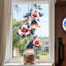 1/5pcs Pink Retro Lantern Floral Pattern Static Cling Glass Film, Removable Blackout UV Protection Privacy Decor Sticker For Living Room Bedroom Glass Door Window, Spring/Summer Decor - Floral Window Stickers - View 2