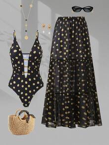 Nuevo conjunto de 2 piezas ajustado con estampado de lunares, conjunto de moda con falda maxi, adecuado para spa, playa, vacaciones en color negro - Negro - Ver 1