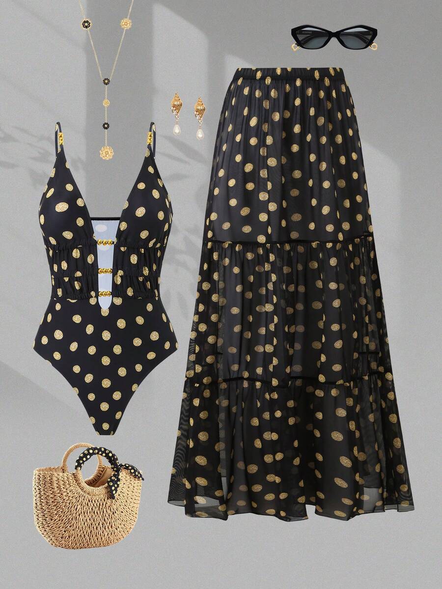 Nuevo conjunto de 2 piezas ajustado con estampado de lunares, conjunto de moda con falda maxi, adecuado para spa, playa, vacaciones en color negro - Negro - Ver 1