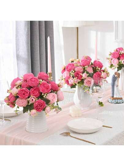 3支仿真粉色花朵，适用于情人节、房间装饰、餐桌装饰、婚礼装饰、新娘捧花、腕花、插花等。是家居、餐厅、卧室、花瓶装饰、DIY生日派对蛋糕装饰、情人节和新年礼物、摄影道具、花瓶装饰、新年装饰和户外花园装饰的理想之选。