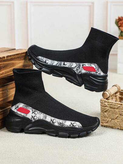 Zapatos de calcetín tejidos minimalistas para hombres, suaves y cómodos, versátiles para correr en carretera, con protección de tobillo alto, parche de graffiti blanco, zapatos para caminar al aire libre, zapatos de entrenamiento para gimnasio y correr, adecuados para hombres y mujeres para uso diario, ir al trabajo, viajes y regalos de vacaciones