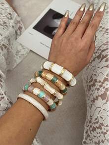 1 pieza Brazalete de bambú con efecto esmaltado, de colores brillantes y diseño de gotas, adecuado para el uso diario, reuniones con amigos, festivales románticos, fotografía callejera y desfiles de moda - Multicolor - Ver 5