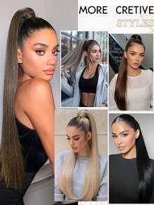 24 Inch Long Straight Hair Ponytail Clip-In Synthetic Fiber Natural Look Ponytail Extension, For Daily Use - Light Grey - View 7