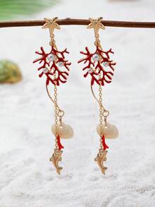 1 Pasang Anting Gantung Bertema Lautan dengan Motif Karang & Bintang, Perhiasan Gaya Pantai Bohemian untuk Wanita - MultiWarna - View 2