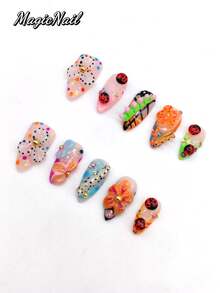 10pcs Handmade Wearable Nail Art, 25mm Almond Shape, Pink White Transparent Nails, 3D Embossed Floral Petals Multi-Color, Embossed Green Pattern, Ladybug Design, Golden Ball Decor, Blue Ombre Floral Petals. Cute Nail Art, Spring Nail Design. - Multicolor - View 3