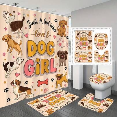 1/3/4件套“章鱼狗”图案印花浴帘套装，包含12个挂钩、防滑浴室垫、U型马桶垫、马桶座套、防水涤纶浴室配件、家居装饰、浴室装饰，适用于浴帘套装、浴室窗帘套装