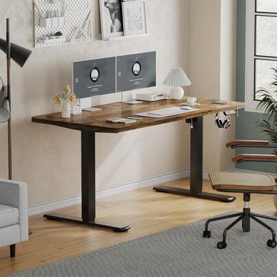 Devoko Electrically Height-Adjustable Desk 100/120/140x60cm, 160x70cm, 180x80cm, Sit-Stand Workstation, USB-C, Sedentary Reminder, 2 Memory Slots, Digital Display, For Office, White/Black/Vintage Brown/Beige/Grey