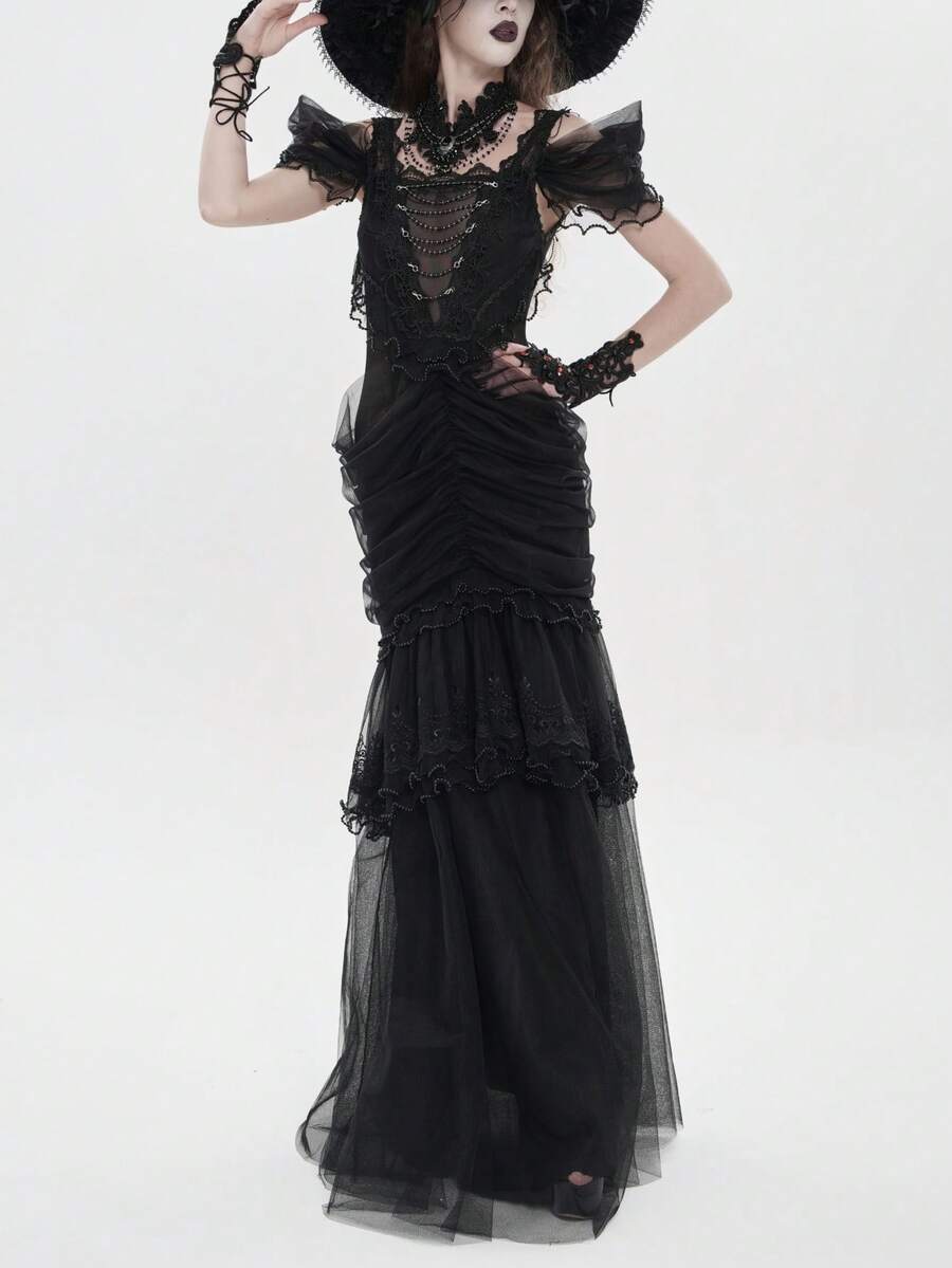 Đầm maxi đuôi cá xếp ly ren kiểu Gothic, đầm lưới hở lưng phong cách cung đình cổ điển. - màu đen - Xem 1