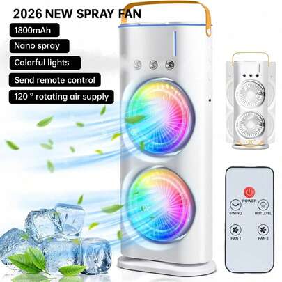 1台便携式双风扇喷雾空调，3档风速，3个出风口，带彩色夜灯，喷雾降温风扇