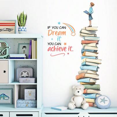 1 pieza Divertido Regreso a la Escuela Torre de Libros Creativos Pegatina Motivacional de Pared, Pegatina Impermeable, Pegatina de PVC, Fácil de Pegar y Quitar, Para Decoración del Hogar, Decoración del Baño, Artículos de la Habitación, Decoración de la Sala de Estar, Decoración del Dormitorio y Sala de Estudio, Logra Tus Sueños