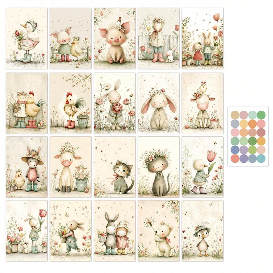 20张农场动物与春季花卉主题墙贴套装，春季明信片风格，适用于客厅、卧室和办公室墙面装饰，是春节、婚礼或生日的理想礼物，也可用于礼品包装、派对邀请函、日记和相册。 - 查看 1