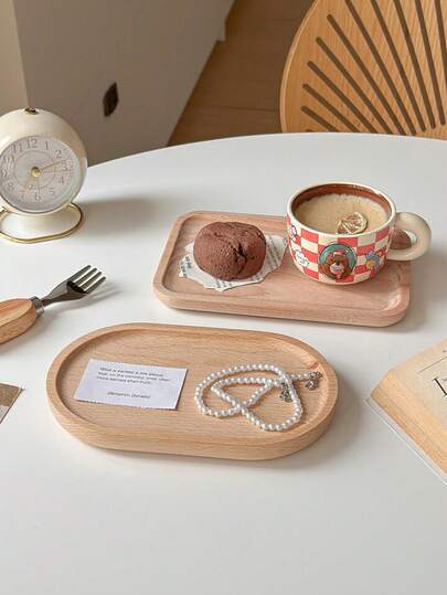 1pc Minimalist Beechwood Solid Wood Tray, Square/Oval Dessert Plate, Jewelry & Cup Holder, Snack Plate