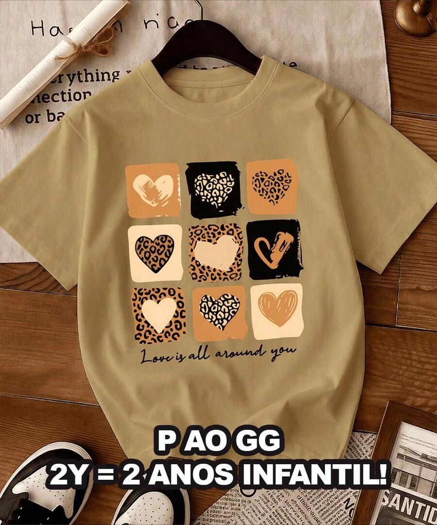 Women's Casual Knit T-Shirt, Short Sleeves, Regular Fit, Crew Neck, And Heart Print. - Màu be - Xem 1