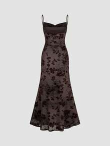 Women's Fashionable Sexy Floral Pattern Plunging Neck Elegant Maxi Dress Wedding Party Red - Red - View 8