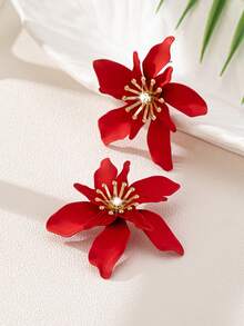 1对时尚不对称花朵珐琅水钻耳环，适合女士度假佩戴 - 紅色 - 查看 2