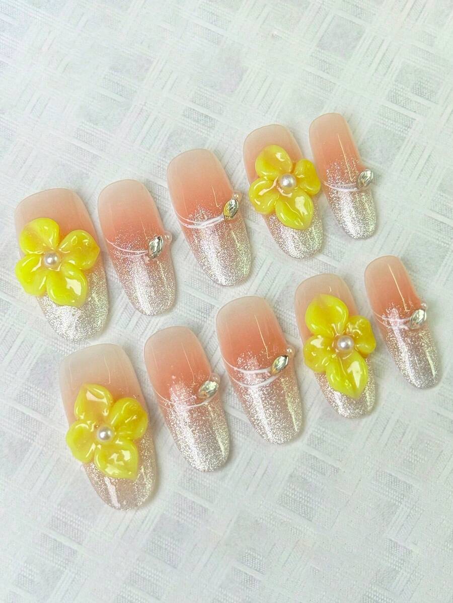 10pcs Middle Oval Fake Nails With Grapefruit Pink Gradient Translucent Base, 3D Clear Flower (Pearl Accent) & Single Rhinestone Design Fresh Vitality Style 100% Handmade Press On Acrylic Nails Reusable Nail Supplies Including 1pc Jelly Glue,1pc Stick And 1pc Nail File For Women's Daily Or Party Wear - Multicolor - View 1