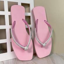Women's Comfortable Black Square Toe Flip-Flop Sandal With Rhinestone Strap And Bow - Baby Pink - View 1