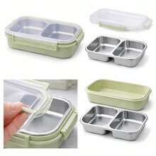 800ml Thermal Lunch Box With 2 Stainless Steel Compartments, Airtight Seal And Transparent Lid - 綠色 - 查看 8