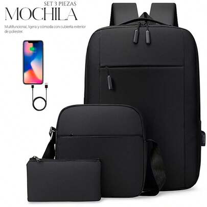 Shendy Vendy Set 3pzs Mochila Laptop De Gran Capacidad 15.6" Impermeable Escolar Con Carga Usb