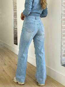 Women's Casual Washed Distressed Straight Leg Jeans - Light Wash - View 3