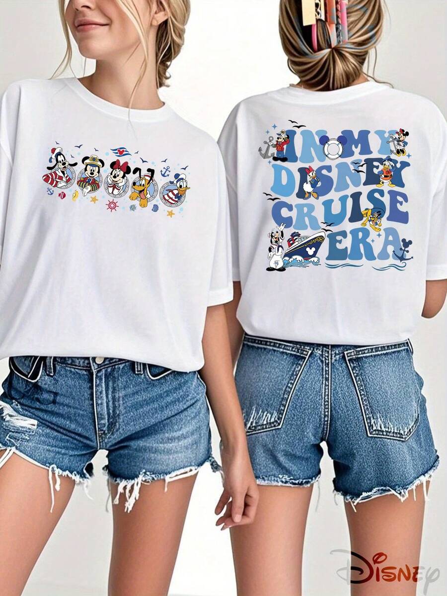 Disney Genuine Authorization, Mickey Mouse Donald Duck Pattern Printing Ladies 100% Cotton T-Shirt-Creative Cartoon Rich Printing, Breathable Light Fabric, Regular Round Neck Summer Street Casual Shirt, Black And White Wild Disney Shirt, Holiday Gift, Unisex. - trắng - Xem 1
