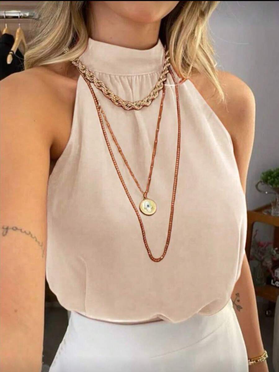 Women's Duna High Neck Tank Top With Ruching, Summer . - Màu be - Xem 1