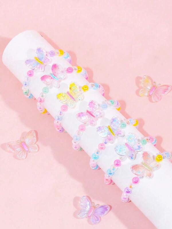 7pcs/Set Kids Elegant Colorful Butterfly Beaded Bracelet, Suitable For Daily Decoration, Holiday & Birthday Gifts, Girls Accessories