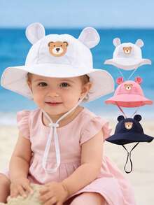 1顶可爱熊耳婴儿遮阳帽，带熊形贴片，可调节下巴带，宽帽檐，防紫外线，适合3-12个月宝宝在海滩、公园和散步时佩戴。 - 小熊漁夫帽 - 查看 1