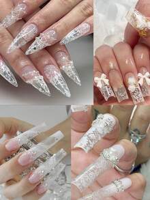 白色蕾絲美甲轉印紙，美甲貼紙，創意DIY美甲貼紙，適合美甲愛好者，美甲用品，專業美甲沙龍使用，持久耐用，多種圖案可選 - 白色 - 查看 4