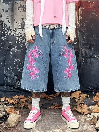 1PC Men's Jeans, American Retro High Waist Wide Leg, Pink Floral Embroidered Washed Denim, Summer Casual Wear, Multi Sizes (No Belt & Accessories)