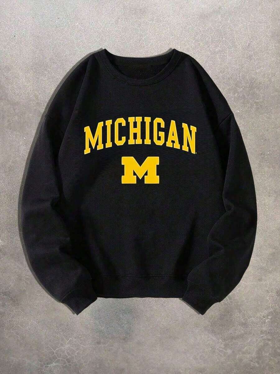Michigan Letter Graphic Sweatshirt,Mens Winter Clothes,Crew Neck Long Sleeve T-Shirt ,Funny T Shirts,Streetwear,Graphic T Shirts,Y2K Clothes - 黑色 - 查看 1