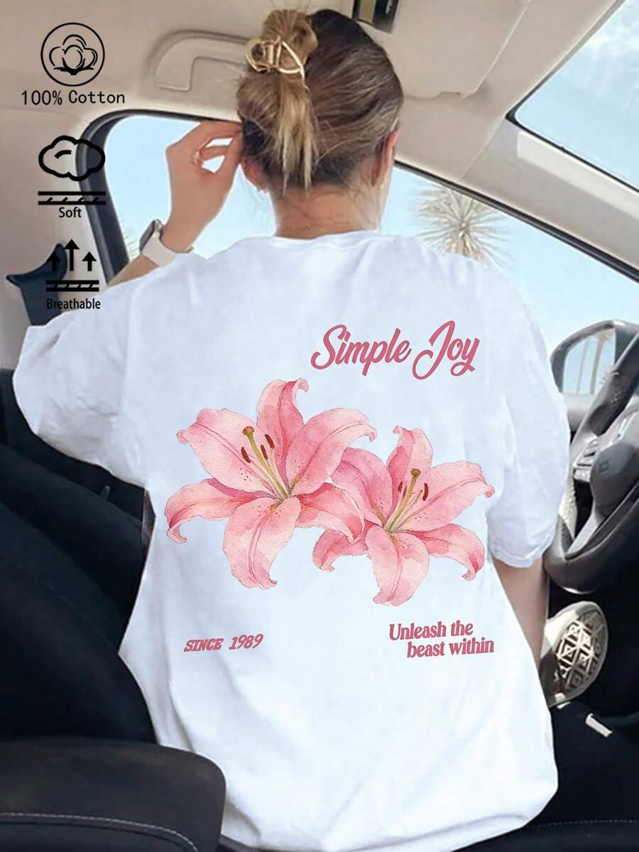 100% Cotton Women's White T-Shirt, Fresh And Gentle Style Lily Flower Pattern T-Shirt, New Sportswear For Spring And Summer Seasons, Fashionable, Soft And Breathable Women's Short Sleeved Top - White - View 1
