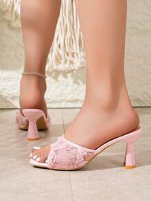 Women's Hollow Flower Decor Party Fashion Square Toe High Heel Sandals, Comfortable Breathable Mesh Slip-On Stilettos - Pink - View 6