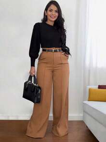 Solid Black High-Waisted Wide-Leg Pants 1pc Elegant Office Casual Loose Fit Chic For Daily Work Date All Seasons - Màu Khaki - Xem 8