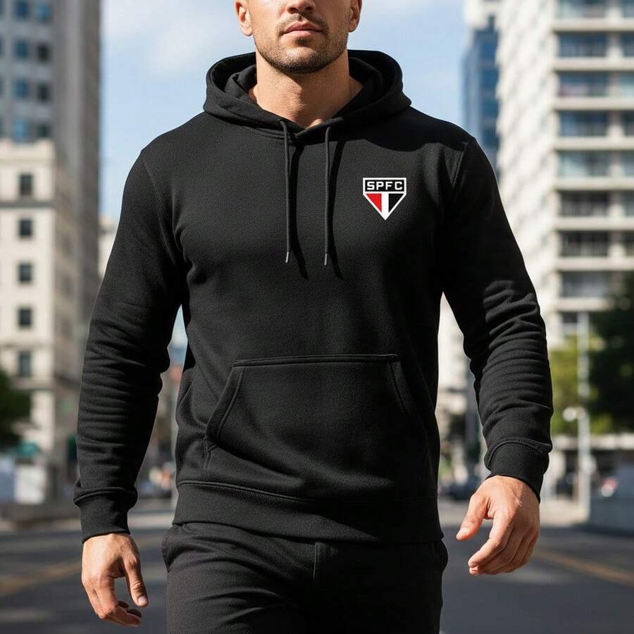 Men's São Paulo FC Sweatshirt, 100% Cotton, Kangaroo Style, Cotton Hoodie With Pocket. - 黑色 - 查看 1